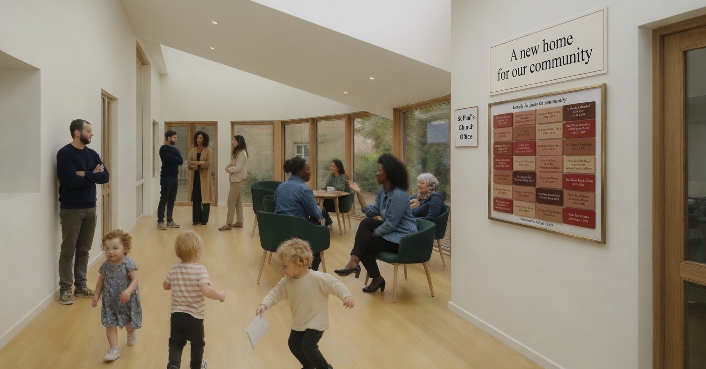 Architect's impression of the proposed new foyer — with the donation wall printed and framed on the feature wall